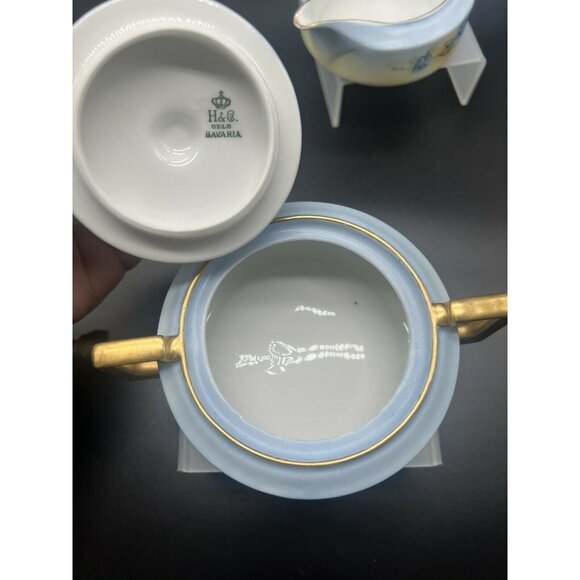 Heinrich & Co Selb Bavaria Creamer and Sugar Porcelain Blue Floral Gold 6075 - Picture 7 of 8